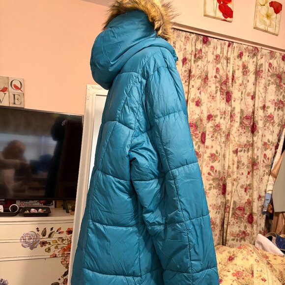 Womens Haute Winter Coat, Teal, sz 3X with Fur Trimmed Detachable Hood - Picture 6 of 10